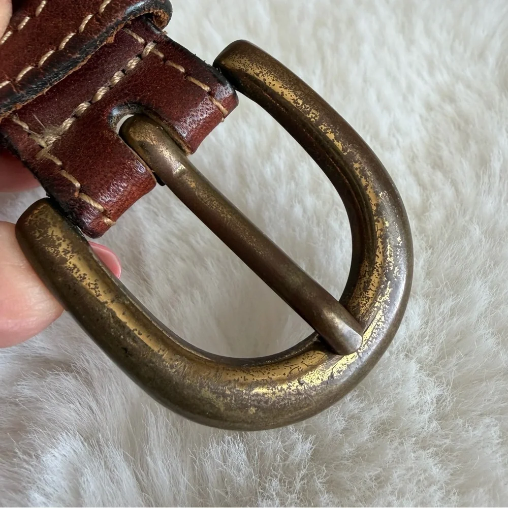 Vintage 1970s Dooney & Bourke Leather & Khaki Woven Belt Solid Brass Buckle